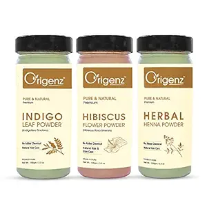 Origenz Premium Hair Care Combo (Herbal Henna Powder 100gm + Indigo Powder 100gm + Hibiscus Powder 100gm)