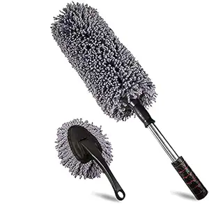 OAN Multipurpose Round Shaped Microfiber Cleaning Duster Ultra Washable For Dry/Wet Car Cleaning Brush With Expandable Handle for Wet and Dry Duster (Grey_Round with Storage Pouch)(free small brush)