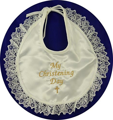 My Christening Day Bib Made from Satin Effect Fabric with Lace Edge (Cream/Ivory)