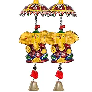 BRG Bharat Gifts Handicraft yellow red Chattra ganesh ji Beautiful Wall Hanging Wooden Wind Chime for Home Decor Round Bells Design (14X8X30 cm, Multi Color) - Pack of 2