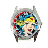 Taport® Wonder Woman Quarz-Armbanduhr, rund, weißes Echtleder-Armband, inklusive Ersatzakku und Geschenkbeutel