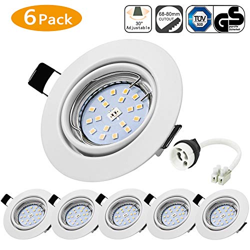 Bojim 6x Foco Empotrable LED GU10 Blanco Cálido 2800K Luz de Techo 6W equivalente a Halogeno 54W 600Lm 82Ra Ojos de Buey Redondo Blanco Mate Ángulo de Basculación 30° y Ángulo de luz 120° 230V IP20
