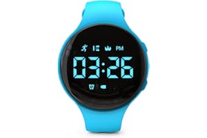 FOCWONY Montre de suivi d'activité LED sans Bluetooth, podomètre, compteur de pas, distance parcourue, calories, chronomètre, réveil, excellent cadeau pour enfants, adolescents, filles, Noël (rond, bleu)