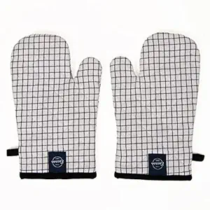 Encasa Homes Long 30cm Oven Microwave Hand Gloves Mitts (2 pc Set) for Kitchen Cooking & Baking - Heat Resistant, Thick & Safe, Protection of Hands from Hot Utensils, Grill, Barbeque - White Checks