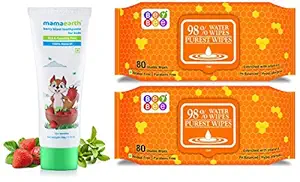 Mamaearth 100% Natural Berry Blast Kids Toothpaste 50 Gm, Fluoride Free, SLS Free, No Artificial Fla and Beybee Hypoallergenic Baby Water Wipes for New Born Babies Sensitive Skin, 80 Wipes (Pack of 2)