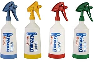 Kwazar Mercury Super PRO+ flacon pulvérisateur, 4 pièces, tête tournable de 360 degrés avec joint VITON en bleu, rouge, jaune, vert, avec instruction et conseils de soins en Allemand, de detailmate