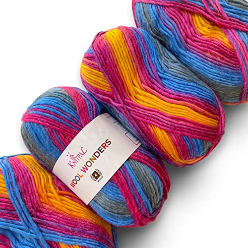 Wool Wonders - Filato spesso auto-striato variegato #4 medio pesante pettinato/Aran, 30% lana australiana e 70% acrilico, 4 matasse, 400 g/584 m (Lollipop Swirl)