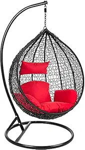 Urban Delight Single Seater |Swing Chair with Stand & Cushion & Hook Outdoor Indoor| Outdoor| Living Room | Balcony | Garden | Patio | Home Improvement(Stand-Black, Swing Basket-Black, Cushion- Red)