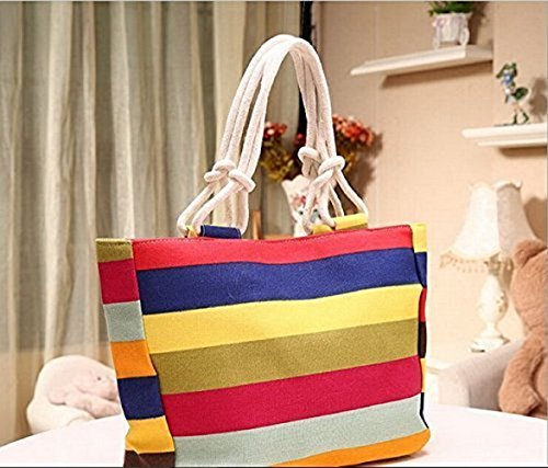 Sommer Leinwand Shopper Gestreift Regenbogen Candy Prints Strand Handtasche - 7