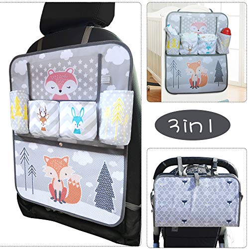 Brunoko Organizador Asiento Coche Niños, Bolso Carrito Bebé, Organizador Habitación Bebé 3 en 1 - Protector Universal Coche Antipisadas - Accesorio Coche con Soporte para Tablet - Diseñado en España