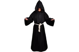 BuntWunder Disfraz de Monje Halloween, Túnica de Monje con Capucha, Medieval de Halloween Bata Sacerdote con Collar de Cruz, Pegatina Cicatriz Disfraz Medieval Sacerdote