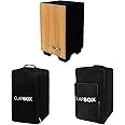 Clapbox Cajon CB02 Flow in Black Oak Wood with Internal Snares and Clapbox Cajon Bag with Carry Handle and Shoulder Straps.