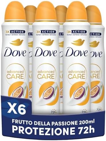 Dove Deodorante Spray Advanced Care Go Fresh Passion Fruit, con Formula Idratante e Delicata sulla Pelle, Senza Alcol, Pelle Asciutta Fino a 72 Ore, Deodorante Uomo e Donna, 6 Pezzi da 200ml