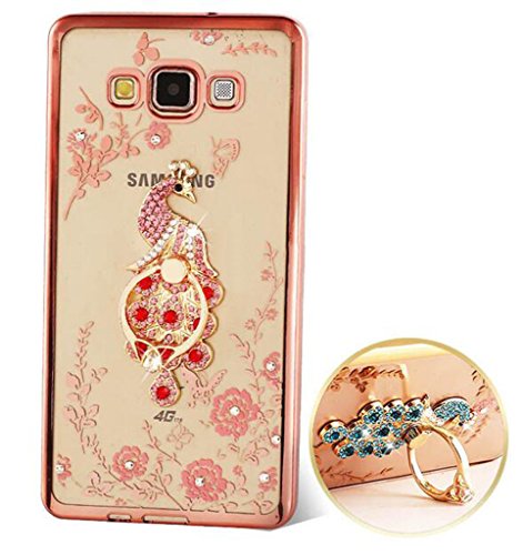 Preisvergleich Produktbild Samsung Galaxy J3(2016) / J3(2016) Duos / J320 Hülle Silikon Transparent Durchsichtig,Samsung Galaxy J3(2016) Hülle Glitzer,Ultra Slim TPU,Blume Schmetterling Schutzhülle Muster Glänzend Strass Kristall Diamant Stoßdämpfend Schutz Handy Hülle Crystal Ring Case Back Cover Tasche[Rosa Linie,Rot Ständer Pfau ]