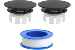 APOMOONS 2 Pièces Cache de Trop-Plein Bague Trop Plein Lavabo pour Salle de Bain Cuisine Bassin Lavabo Rond Couvercle Bouchon Trop Plein Lavabo avec Une Bobine de Ruban PTFE Noir