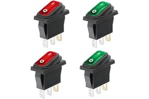 Switian 4 Pack KCD1 Rocker Switch for Home Appliances, Fitness, Marine & Industrial Use - 10A 125V / 6A 250V IP67 Waterproof LED Toggle Switch with 3-Pin (2 Red + 2 Green)