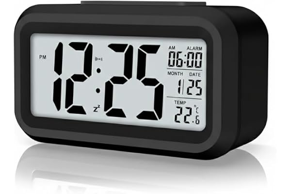 Rorian Digital Alarm Clock – Large LCD Display with Smart Backlight, Indoor Temperature, Date & Calendar, Battery Operated Po