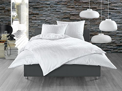 Bettwaesche-mit-Stil Mako Satin Damast Bettwäsche Garnitur "Waves" weiß (135 cm x 200 cm + 80 cm x 80 cm)