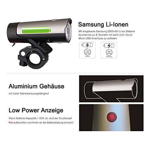 SUNSPEED Fahrradlicht Set/Fahrradbeleuchtung/Fahrradlampe, inkl. Frontlich und Rücklicht,50 LUX (260 Lumen) - 2