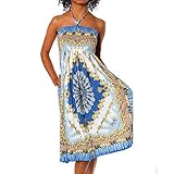 bunte jeans für damen Spitzen Verarbeitung H112 Damen Sommer Aztec Bandeau Bunt Tuch Kleid Tuchkleid Strandkleid Neckholder, Farben:F-028 Blau;Größen:Einheitsgröße