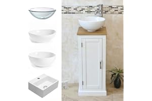 BATHROOMS & MORE STORE Solid Oak Top Bathroom Vanity | White Painted Cloakroom Unit | Sink Tap & Plug (Bowl C)