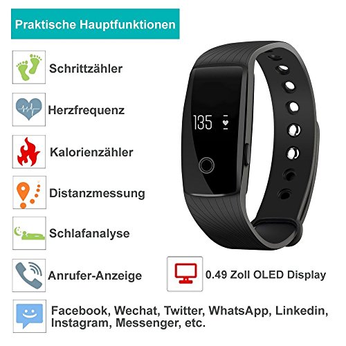 AsiaLONG Aktivitätstracker mit Pulsmesser Bluetooth Fitness Armband Activität Tracker Smart Armband mit Schrittzähler / Schlafanalyse / Kalorienzähler / SMS SNS Vibration Fitness Tracker für Android und IOS (Schwarz) - 7