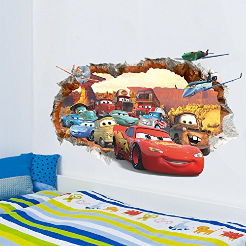 Oulique ® 3D Aufkleber Cars McQueen im Wanddurchbruch Loch - 3