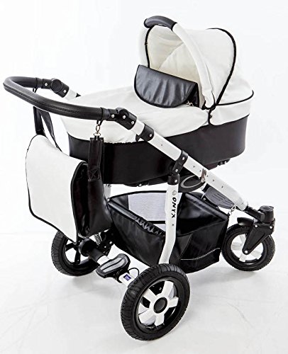Carro bebe 3 piezas de piel. Ultraligero. Diseño, aluminio, polipiel. Blanco-negro. ONYX