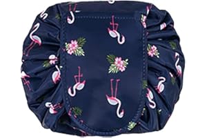 BINOSTER Large Capacity Lazy Makeup Toiletry Bag Drawstring Portable Travel Casual Waterproof Quick Pack Magic Makeup Storage Bag Perfect for Women Girls (DarkBlue Flamingo)