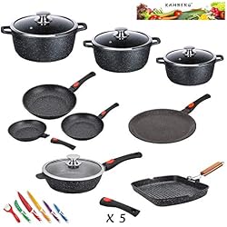Kamberg - 0008163 - Set Lot Batterie de cuisine 24 pièces - Fonte d'aluminium - Revêtement pierre - Tous feux dont induction - Manche amovible - Sans PFOA