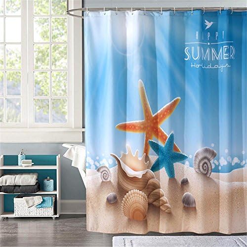 BJFF® Waterproof Shower Curtains Polyester Fabric for Bathroom Modern Style Home Cartoon Shower curtain with hook Blue Beach Summer Ocean , curtains, 180 wide, *200 high + hanging rings