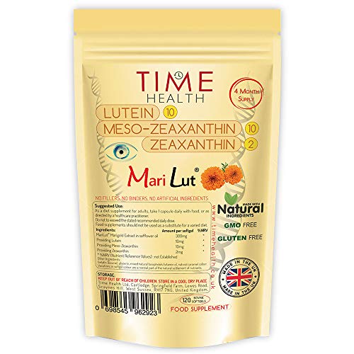 Lutéine MariLut® 10mg - 10mg Méso-zéaxanthine - 2mg zéaxanthine - 120 Gélules pour 4 mois d'utilisation - Sans Additifs - Fabriqué au Royaume-Uni (120 capsules - poche)