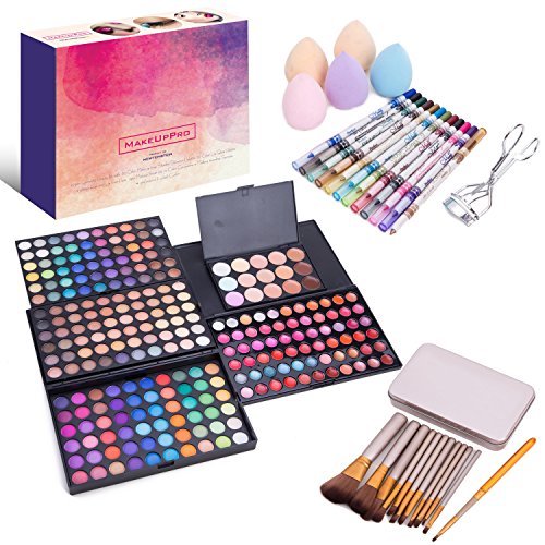 MakeUpPro - 291pcs Complete Beauty Kit With 180 Color Make-Up Eye Shadow Shimmer Palette, 66 Color Lip Gloss Palette, 12 Glitter Eye And Lip Liner Pens, 12pcs Makeup Brush Set, 15 Color Concealers, 5 Makeup Teardrop Sponges + Professional Eyelash Curler