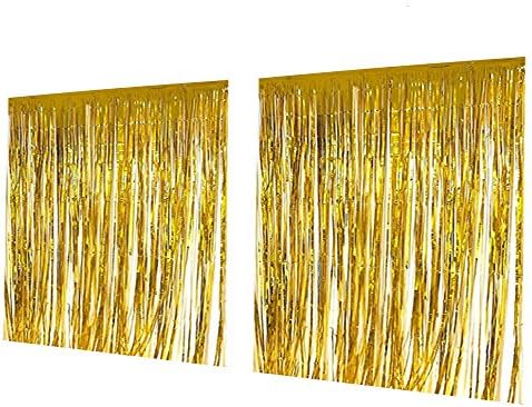 Fadirew™ 2 Pack Metallic Fringe Foil Curtain Door Window Curtains For Party Tinsel Party Anniversary Wedding Tassel Decoration, 9ft x 2.4ft, Gold
