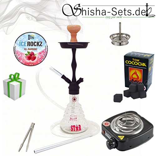 Shisha Set mit Shisha Amy 4-Stars 410/440, Kohleanzünder, Dampfsteine, Naturkohle, Kaminaufsatz und eine kleine Überraschung … (440D - Clear/Schwarz-Matt)