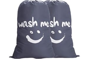 IHOMAGIC Set de 2 Bolsa de Colada con Cuerda Nilón Cesto para Ropa Sucia Plegable para Baño con Organizador Lavandería para Cocina Dormitorio Hotel de Viaje Gran Capacidad 120L 61x92cm, Gris Sonrisa