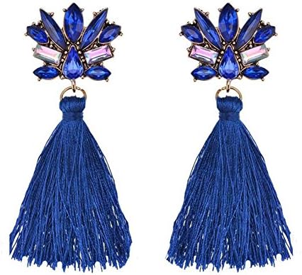 Chenlee 1Pair Bohemian Tassel Earring Womens Crystal Glittering Stud Earrings Jewelry Accessories Long Fringe Drop Hanging Rope Earings Dangle (Blue)