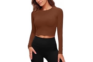 Fisoew Maglietta sportiva da donna, a maniche lunghe, girocollo, per yoga, allenamento crop top, slim fit