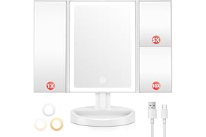 ‎AUXMIR Auxmir Schminkspiegel mit Beleuchtung 10X/5X/1X Vergrößerung, 2000mAh USB Aufladbar Kosmetikspiegel mit Touch Dimmbar Beleuchtung 3 Lichtfarben, Faltbar LED Tischspiegel Vergrößerungsspiegel mit Licht