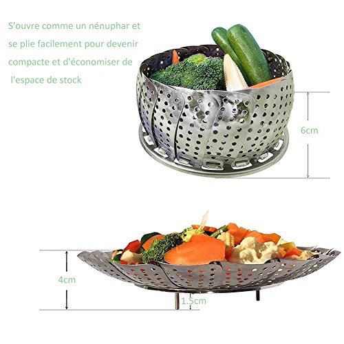 Edelstahl Gemüsedämpfer Faltbar Dämpfkorb Obst Körbchen , Vegetable Steamer Basket, Ton Anpassung an verschiedene Topf Größen,14 cm -23,6cm 100%Edelstahl,Silber - 4