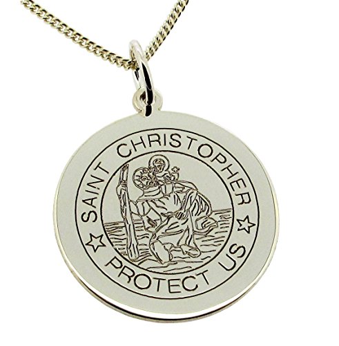 Christopher James of LondonSolid 9ct White Gold 24mm Round Engraved St Christopher Necklace With Optional 9ct White Gold 1.3mm Wide Diamond Cut Curb Chain In Gift Box (available in 16" to 24")