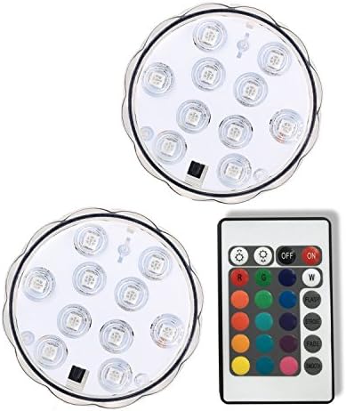 Aseun 2PC Submersible LED Lights 3AAA Battery 10LED Remote Controlled RGD Multi Color Fountains Light-Halloween Christmas Lights Aquarium Pond Party Wedding Vase Base Holiday Lighting