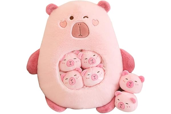 Peluche Capybara Kawaii Peluche Capybara avec 6 Bébés Mignons Sac de Peluches Capybara Oreiller Jouets Rembourrés pour Filles Garçons Cadeaux,Rose