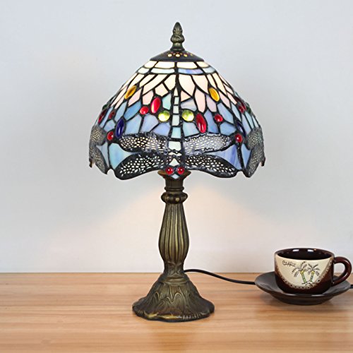 8 pulgadas azul libélula libélula pastoral antigüedad de lujo Tiffany estilo hecho a mano lámpara de mesa de vidrio cama cama habitación luz de los niños