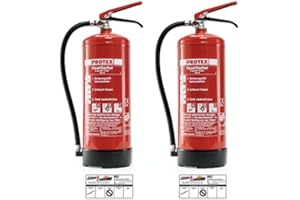 MBS FIRE PROTEX – 2 Pulver-Feuerlöscher – Protex PDE 6 Pulverfeuerlöscher – 6 kg – für die Brandklassen ABC – DIN EN 3 und CE – je 9,5 kg – mit praktischer Halterung – mit Prüfplakette – Made in EU