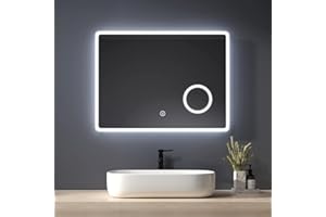 Heilmetz Specchio Bagno con Luce 80 x 60 cm, Specchio da Bagno con Interruttore Tattile + 3x Ingranditore, Specchio Bagno LED