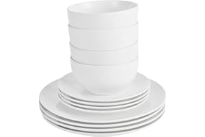 SIMPA 12PC Dinnerware Porcelain White Set: 4 Dinner Plates, 4 Side Plates & 4 Bowls. Dishwasher & Microwave Safe.