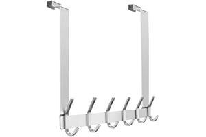 MEIJO Türhaken Rückseite Edelstahl, Türgarderobe Innenseite Ohne Bohren mit 6 Haken Türhakenleiste Tür für badezimmer, Schlafzimmer (Silber, Innenseite)