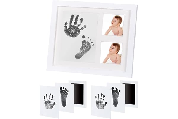 Cadre Empreinte Bébé Encre avec tampon d'encre Clean-Touch, Cadre Déco Cadeau Original Naissance, Kit Empreinte Chien, Cadre Empreintes Main et Pied Bébé Garcon Filles pour nouveau-né (Blanc)