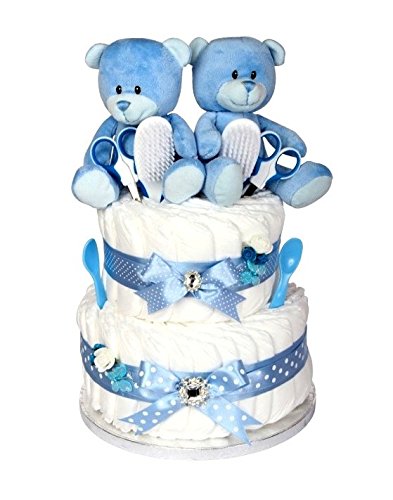 Signature LUXURY Two Tier Boy Blue Twin Nappy Cake / Twin Boys Gift / Baby Hamper / Baby Shower Gift / New Arrival Gift